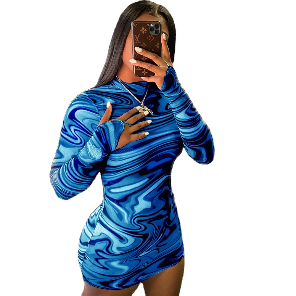 

Casual Fashion Digital Print Mock Neck Sexy Short Mini Dresses Long Sleeve Skinny Bodycon Dress Women's Clothes, Blue, gray