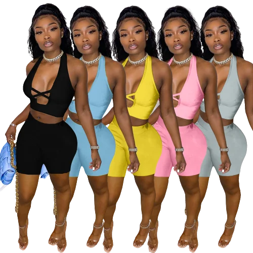 

Summer 2021 Candy Color 2 Piece Short Set Women Women's Shorts Tank Top 2 Piece Biker Shorts Set, Picture shows