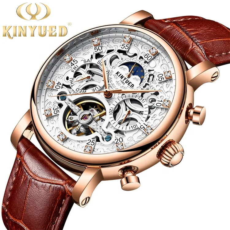 

KINYUED Brand J026-1 White Dial Diamond Genuine Leather Watches Skeleton Moon Phase Automatic Mechanical Wristwatches, 4 colors