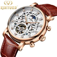 

KINYUED Brand J026-1 White Dial Diamond Genuine Leather Watches Skeleton Moon Phase Automatic Mechanical Wristwatches