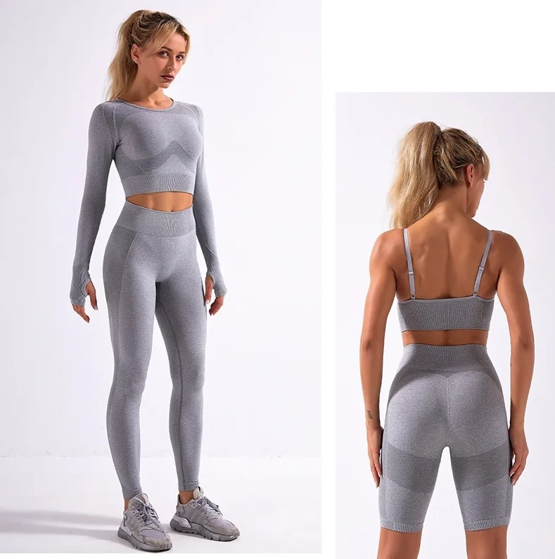 

2021 new arrival 4 Piece sexy Women Seamless Suit Moisture wicking With Gym Active Wear Body Engineer Sets Fitness clothes, Customized colors