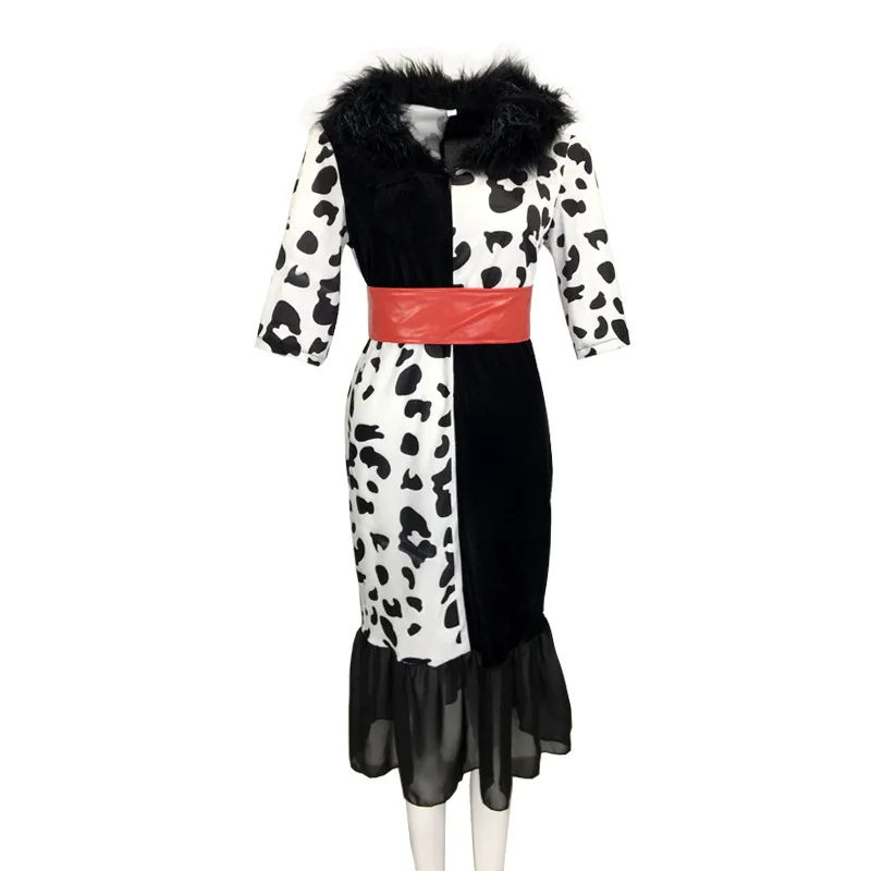 

Movie Evil Madame Cruella De Vil Adult Women Black White Maid Dress Gloves Dress Halloween Party Cosplay Costume, As picture shown