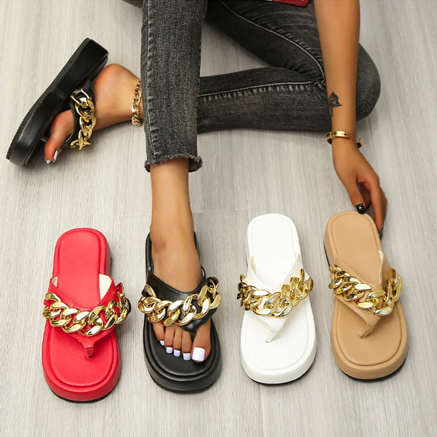 

Fashion Thick Soled Platform PU Leather Upper Flip-flops With Gold Buckle Chain Red Womens Sandals, Colors