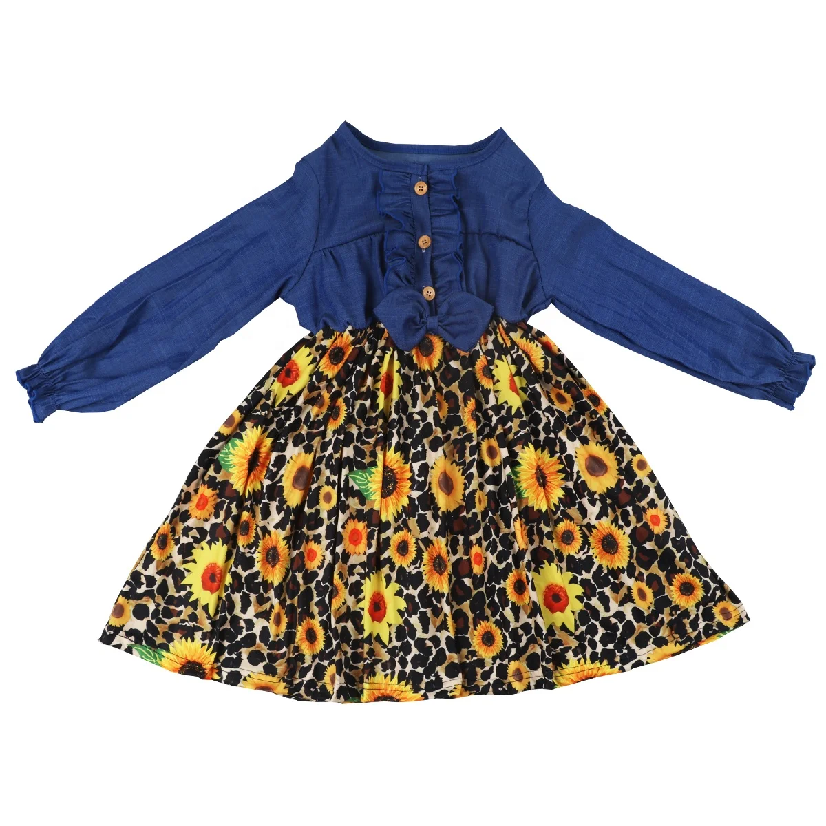 

Wholesale Toddler Girl Spring Denim Dress Kids Sunflower Print Patchwork Dress