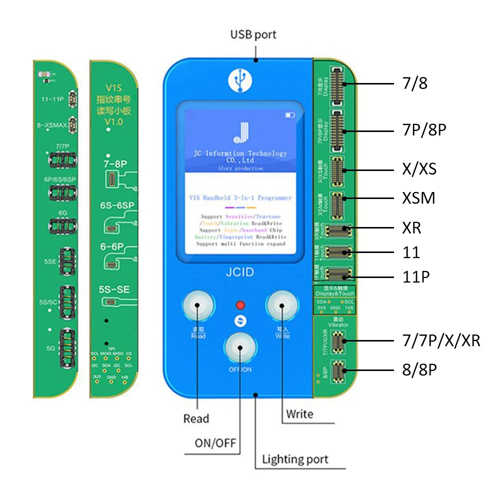 

Drop Shipping JC V1S Light Sensor True Tone Fingerprint Serial Number Programmer For iPhone 8 Plus X XS XR 11 Pro Max, Blue