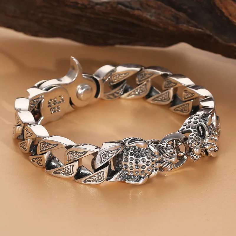 

S925 Silver Vintage Bracelet for Men Domineering Double Cheetah Head Cuban Punk Rock Silver Chain Men's Punk Jewelry