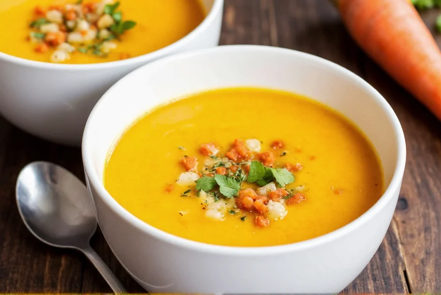 Step-by-step preparation of carrot ginger soup showing sautéing vegetables and blending process