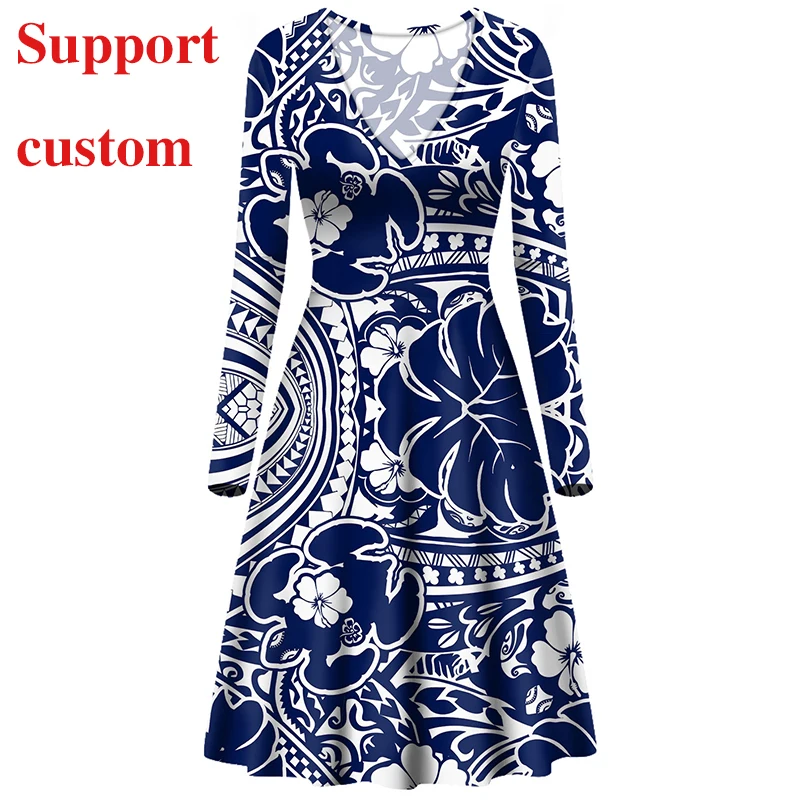 

Custom Polynesian Traditional Tribal long velvet sleeve Print Ladies Fall Midi Dresses For Women cotton Dresses, Shown