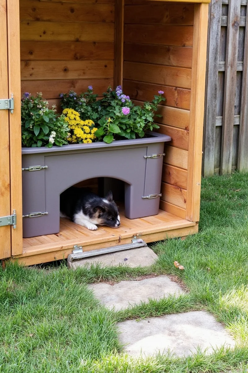 A golden retriever resting near an open planting shed filled with greenery