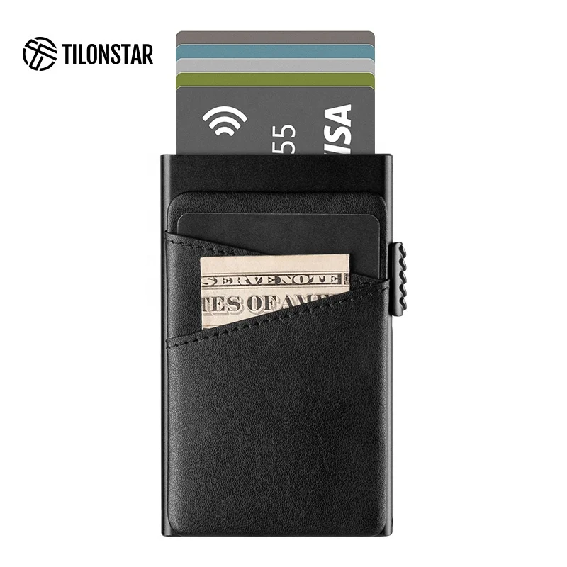 

Small Slim Credit Card Holder With Classic Design Wallets Real Leather Men Logo Aluminum Hard Case Pop Up Wallet