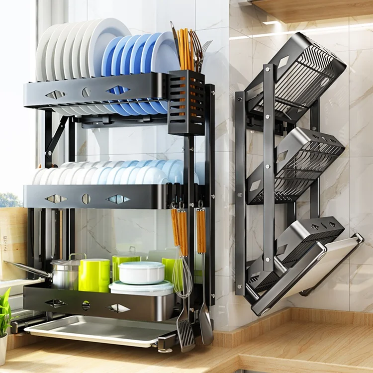 

Wall-Mounted Multi-Layer Tableware Storage Rack Stainless Steel Foldable Tableware Drying Rack Dish Drain Rack, Black