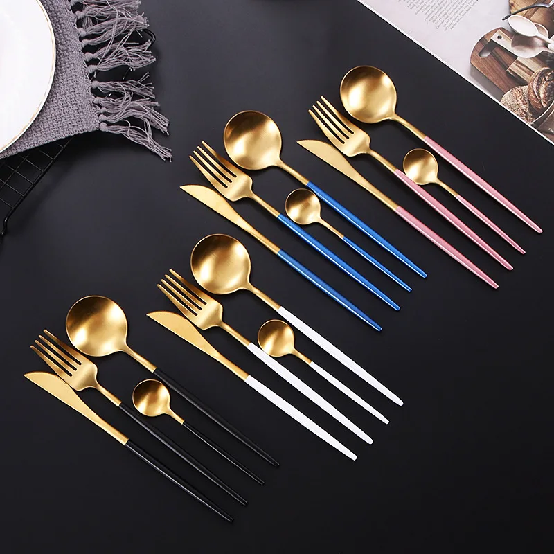 

Wholesale Bulk Portugal Reusable Metal Knife Spoon Fork Restaurant Gift Wedding Luxury Flatware Gold Stainless Steel Cutlery Set, Silver, gold, rose gold, colorful, black, customizable