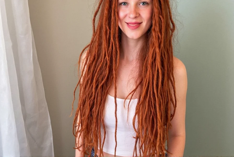 Side-by-side comparison of ginger dreadlocks at different stages of growth showing color evolution over time
