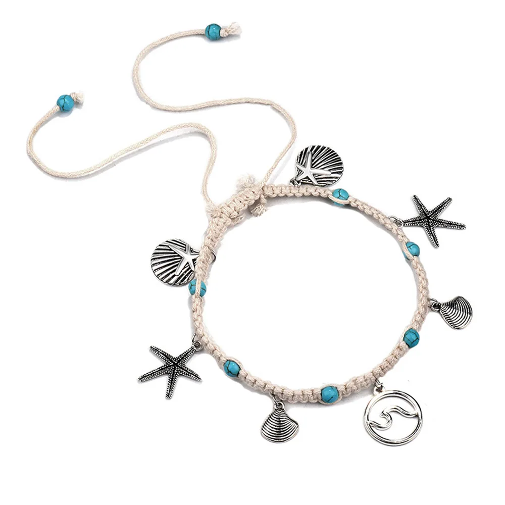 

New Design European Hotselling Summer Beach Accessories Hand Braid Adjustable Wave starfish Shell Charm Anklet