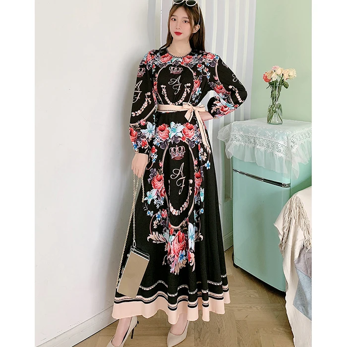 

2021 summer floral long dress high quality long sleeve muslim dress, Grey