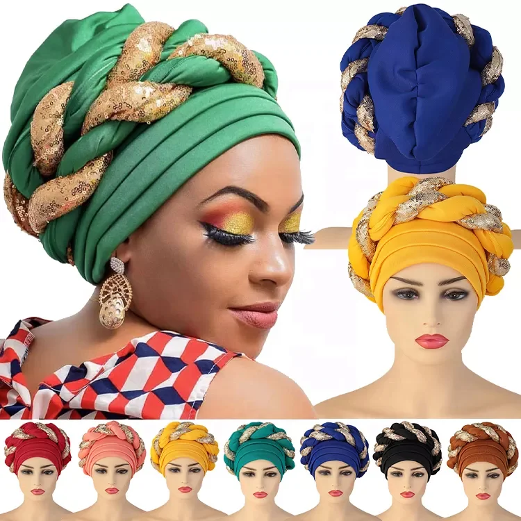

Wholesale Large Double braids hat Female Headwrap African Muslim Women sequin Headscarf Hair Turban cotton For Ladies