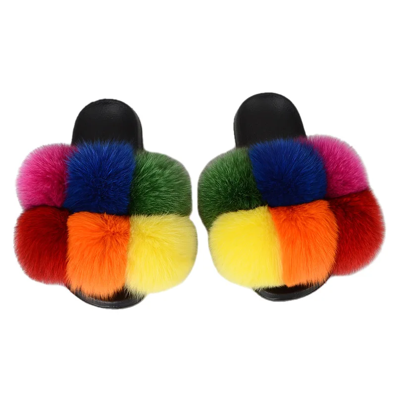 

Custom Designer Women Big furry Wholesale Colorful fox Fur Slipper Sandals Slides, Customized color