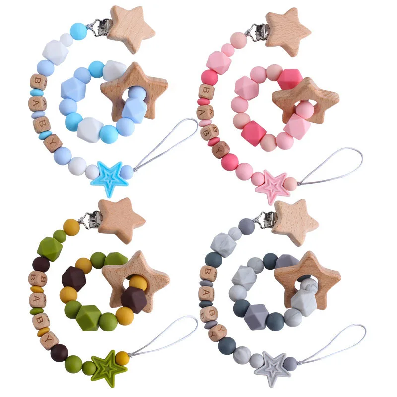 

Wholesale custom Wooden Silicone Baby Teether Bracelet Toy Wooden Ring Toy Silicone Baby Teether for baby Teething Relief