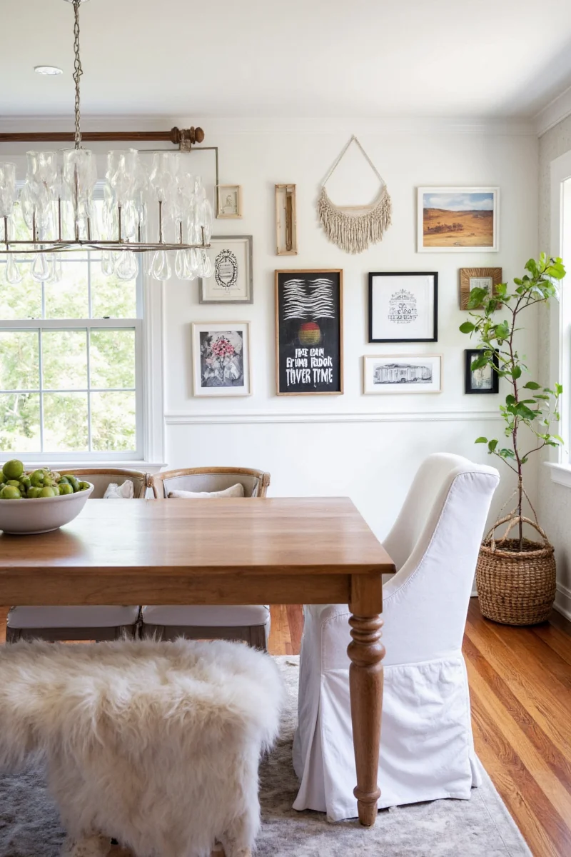 Minimalist dining room with custom name art