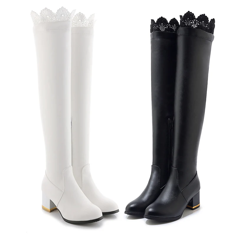

Fall Winter Waterproof Woman Riding Boots Square Heels Over-the-Knee Boots, Black/white