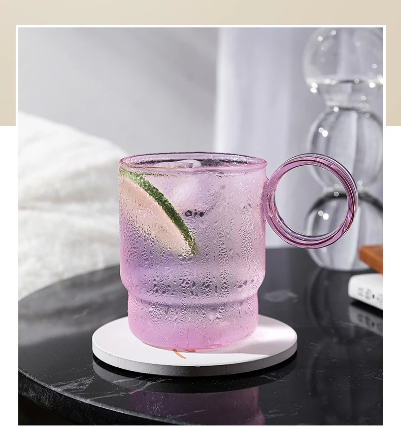 

Specially shaped colorful borosilicate glass water cup with handle, Pink,blue