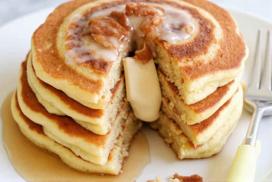Step-by-step preparation of cinnamon roll pancake showing the swirl technique with toothpick creating concentric circles in pancake batter