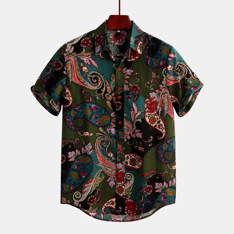 

New design luxury men linen cotton short sleeve printed leisure aloha hawaiian shirt, Custom color