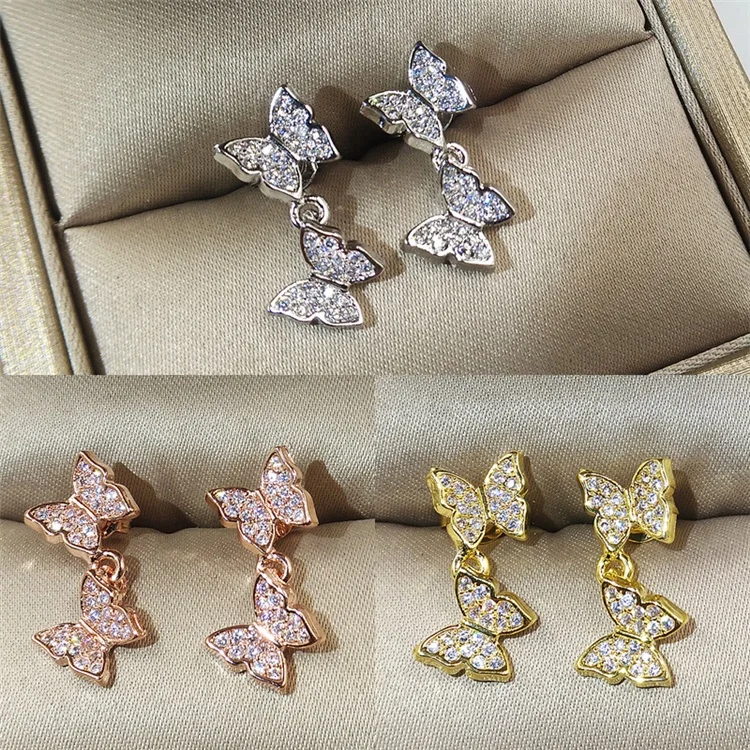 

High end brass gold plated fashion butterfly micro inlay AAAAA zircon stud drop earrings for women jewelry, Silver/gold/ros gold