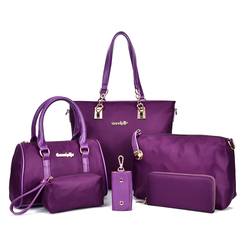 

2021 6 pieces in 1 set nylon handbag set women handbags with purse, Black,blue,purple,red