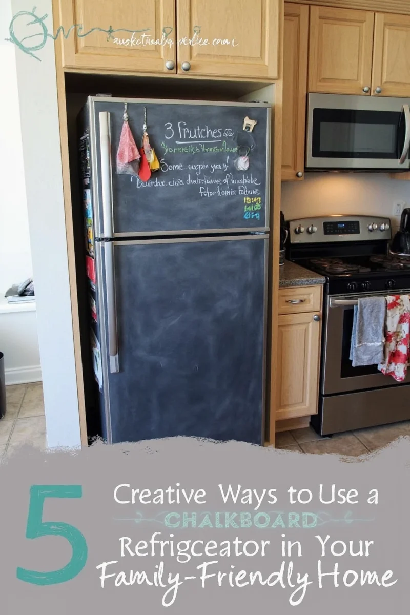 Family using chalkboard on refrigerator