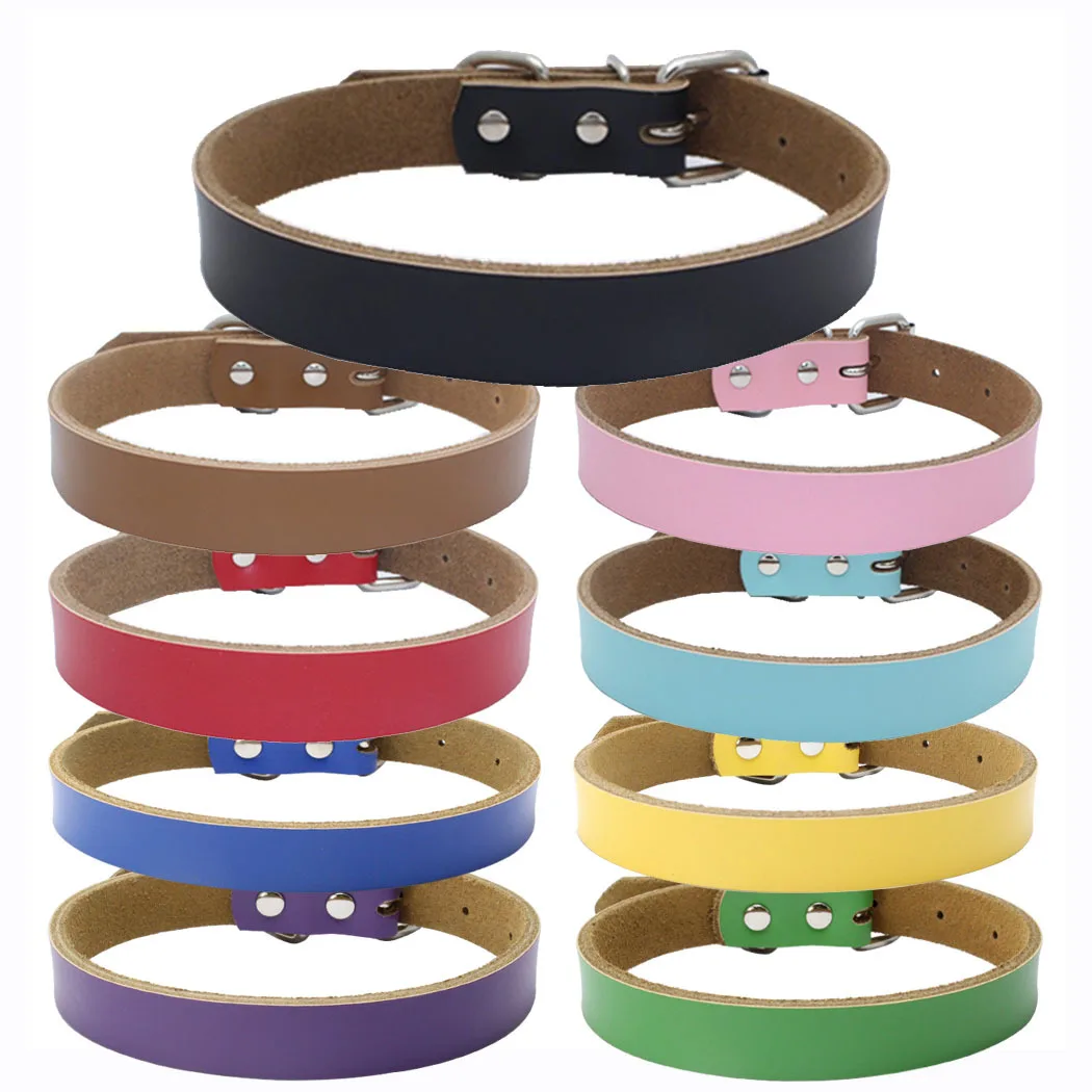 

Classic Solid Color Leather Flat Adjustable Pet Collar Cowhide Dog Collar With Metal Buckle