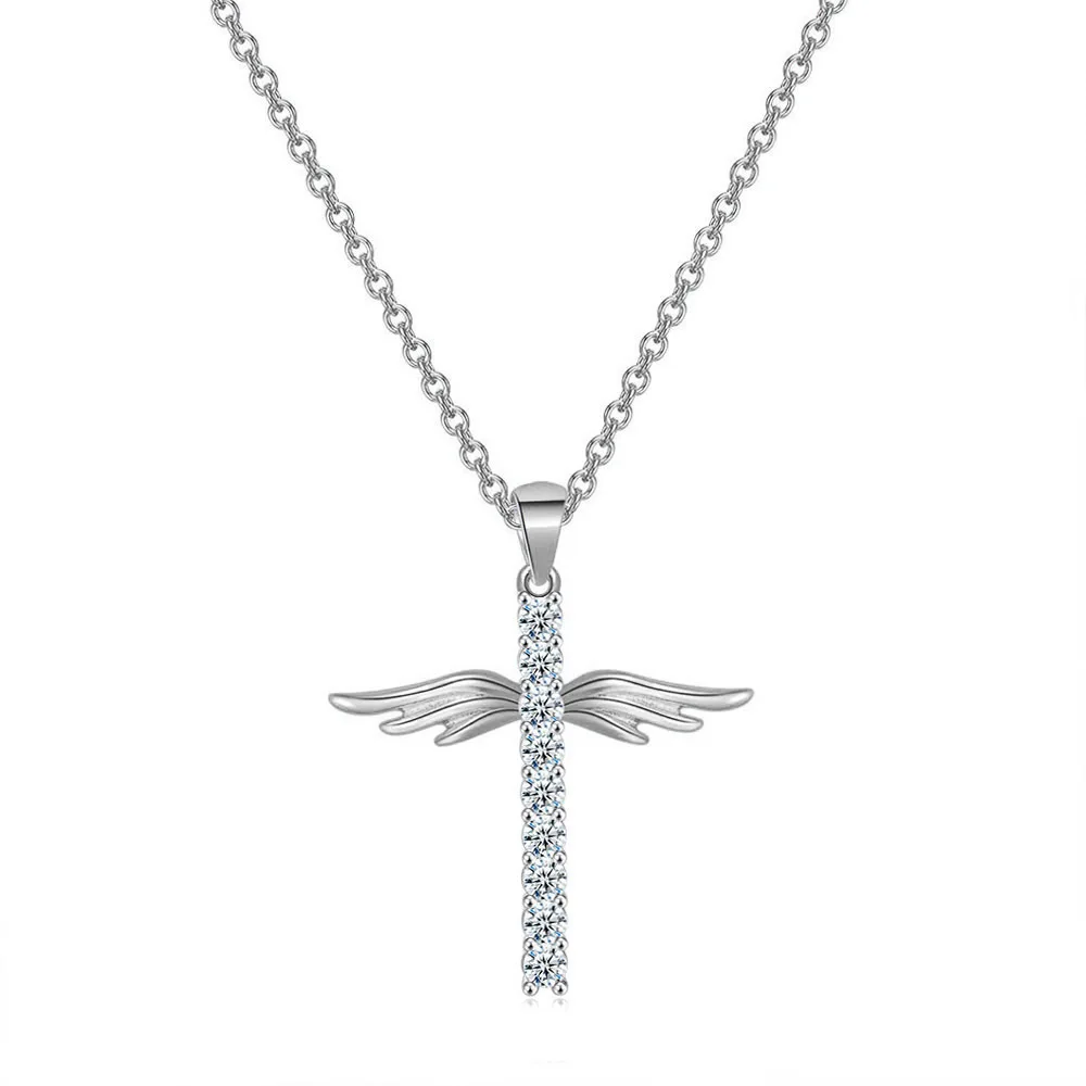 

2021 Wholesale Gold Plated Angel Wing Pendant Full Diamond Cross Necklace For Women