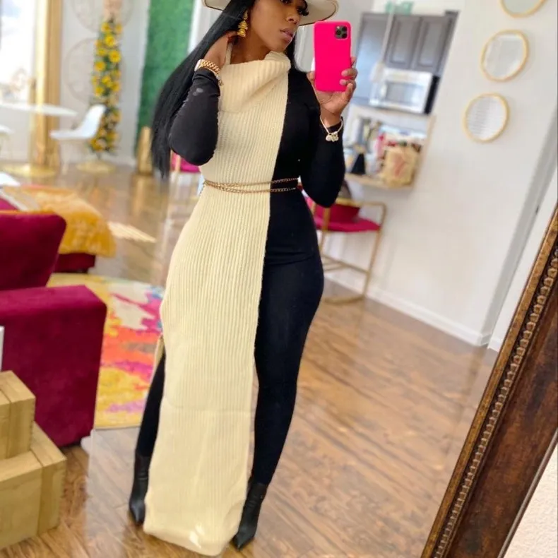 

LWD30228 Bandage Sexy Knitted Side Split Sweater Dress Sleeveless Fall Clothes Y2k Outfits Birthday Party Long Maxi Dresses, Black