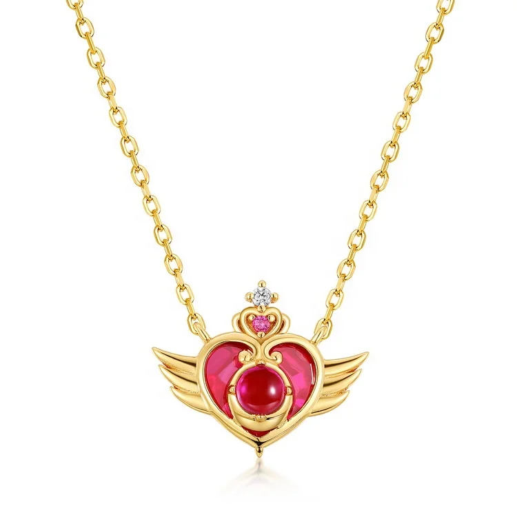 

New Design Fashion Women Red Corundum Jewelry Angel Wings Heart Crown Necklace, Picture