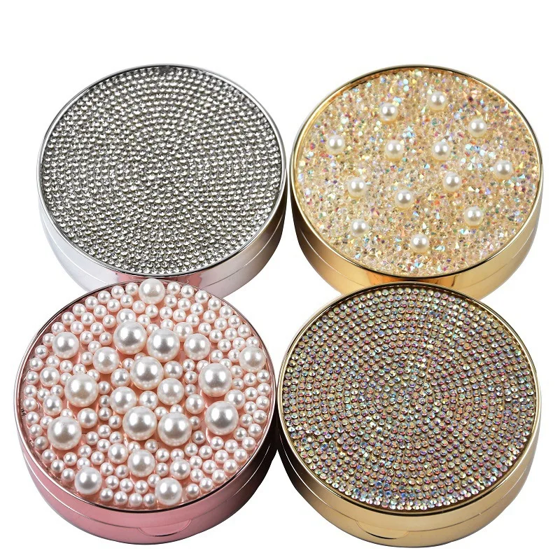 

Fashion diamond and pearl jewelry Contact Lens Case portable luxury clear contact lens box with mirror for travel