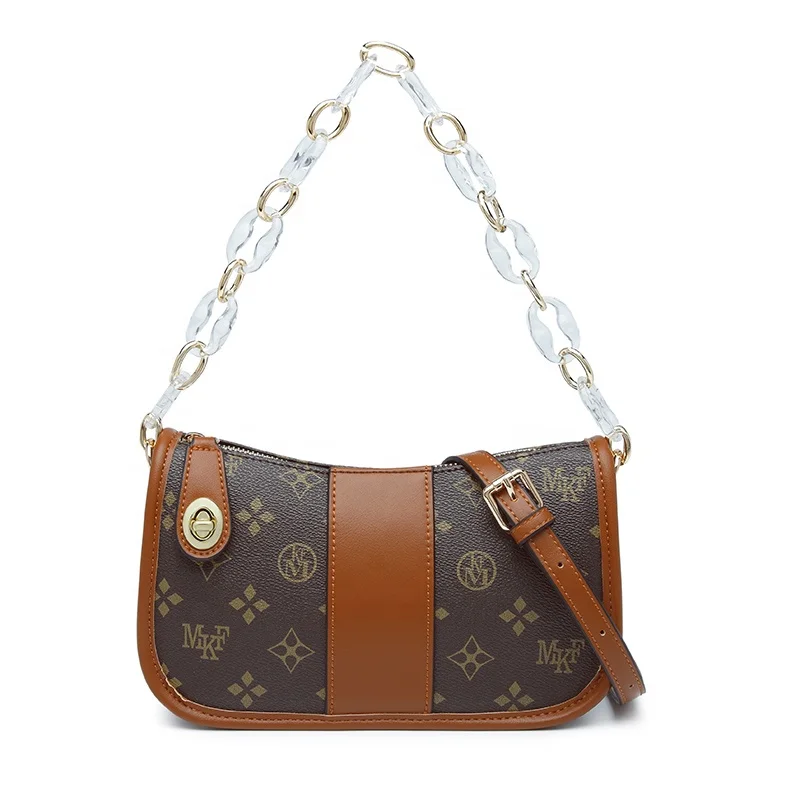 

MK F Luxury Brand Printed Fashion Designer Bags with Chains Girls PVC Underarm Bag Customized Cross over Shoulder Bag, Coffee khaki brown