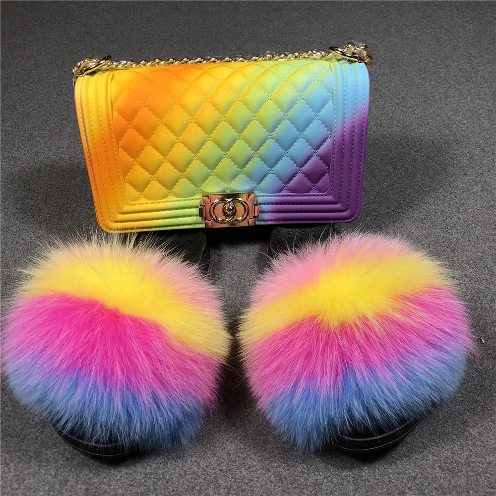 

2021 Summer Real Fox Fluffy Matching Handbag Jelly Bags Furry Sandals Women's Slippers Fur Slides And Matching Purse, Customized color