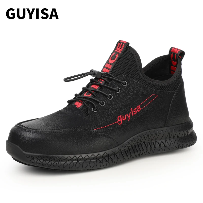 

Guyisa new popular anti smashing anti stabbing anti skid rubber sole safety protection men's work shoes, Black