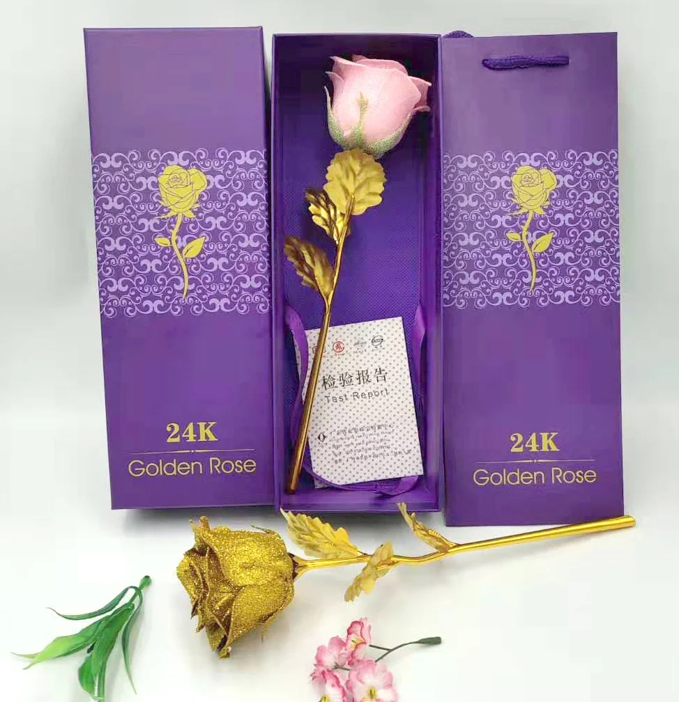 

E-1001 Newly Designed Artificial Gold-plated Sparkle Rose 24k Golden Rose Flower with Gift Box