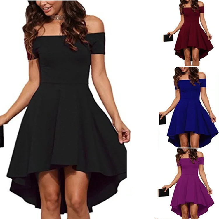 Womens Off The Shoulder Short Sleeve High Low Cocktail Skater Elegant Dress