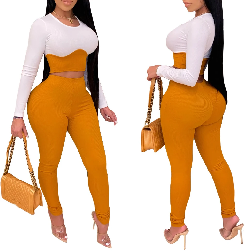 

FS1982D women Fashion Outfit long sleeve contrast color tops and pants Two Piece sets casual Clothes
