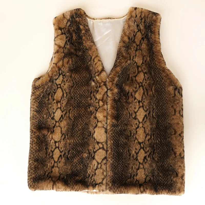 
Wholesale Brown V-neck Snake pattern Long sleeveless faux Rabbit fur vest for women Winter autumn warm 