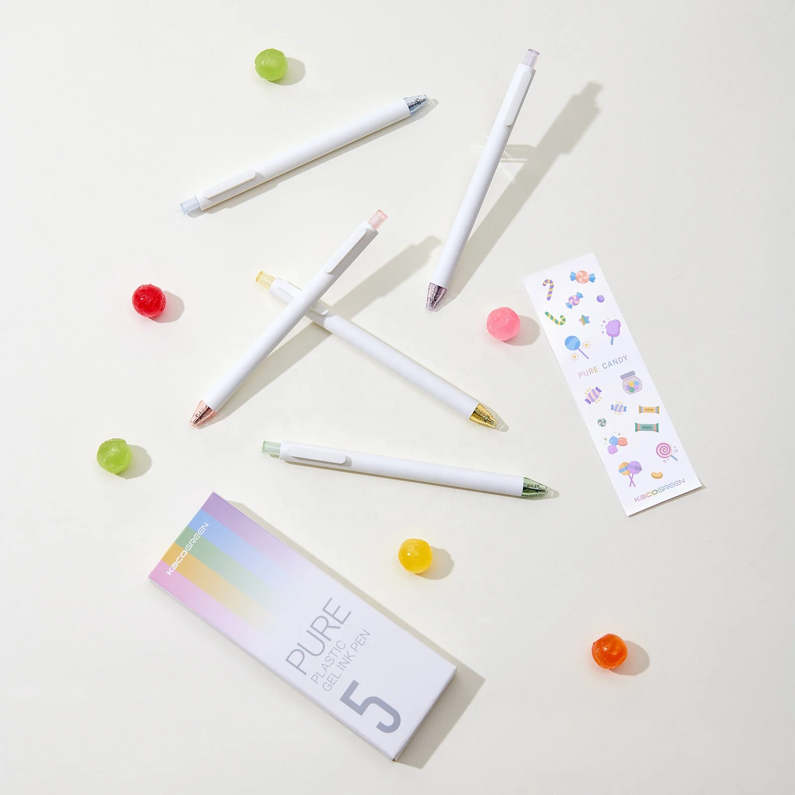 

RTS KACO PURE CANDY 5 Pieces Retractable Cute Gel Ink Pens with Sticker Soft Rubber Pen 0.5mm Fine Point Pen Sets Refillable