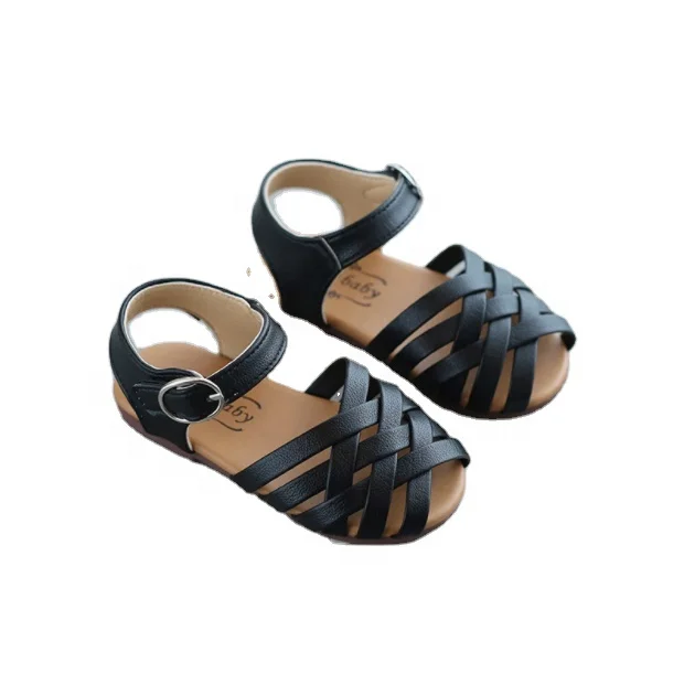 

Wholesale weave Roman style sandals kids girls shoes non-slip beach shoes little girls princess sandals, White/black/pink