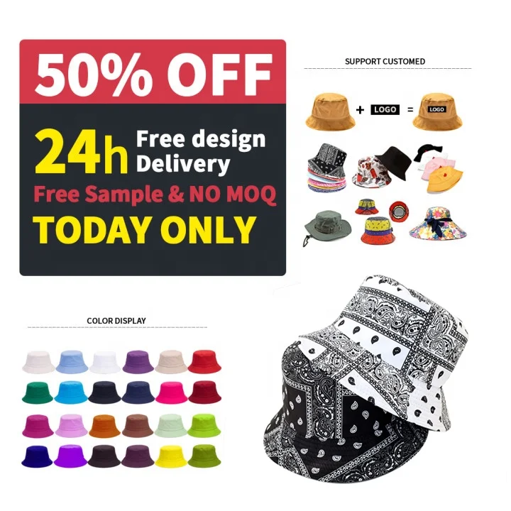 

Fashion Designer Custom Logo Allover Printed and Embroidered Cotton Reversible Fisherman Bucket Hat With Design Brand