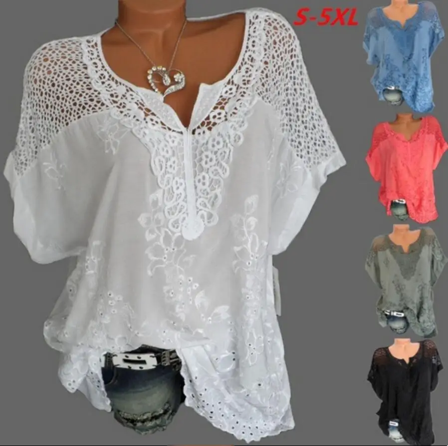 

Women V neck Lace Shirt Hot Sale Female Fashion Solid Short Sleeve Sexy T-Shirts