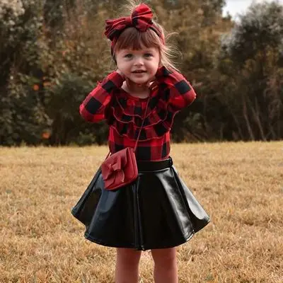 

3PCS Set Kids Clothes for Girls Buffalo Plaid Tops and Black leather Skirt Outfits Children Baby Toddler Clothing Sets