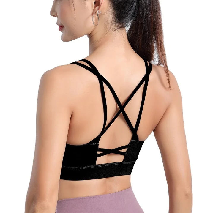 

Custom Logo Gym Clothing Sexy Underwear Ladies Vest Shockproof Beauty Back Fitness Cross Shoulder Strap Sport Yoga Bra Tops, As shown