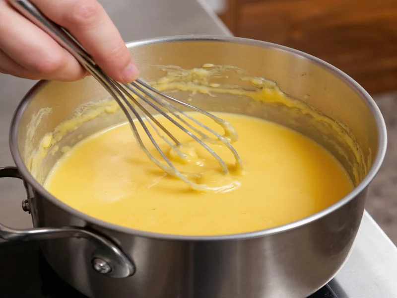 Whisking cheese sauce in stainless steel pot