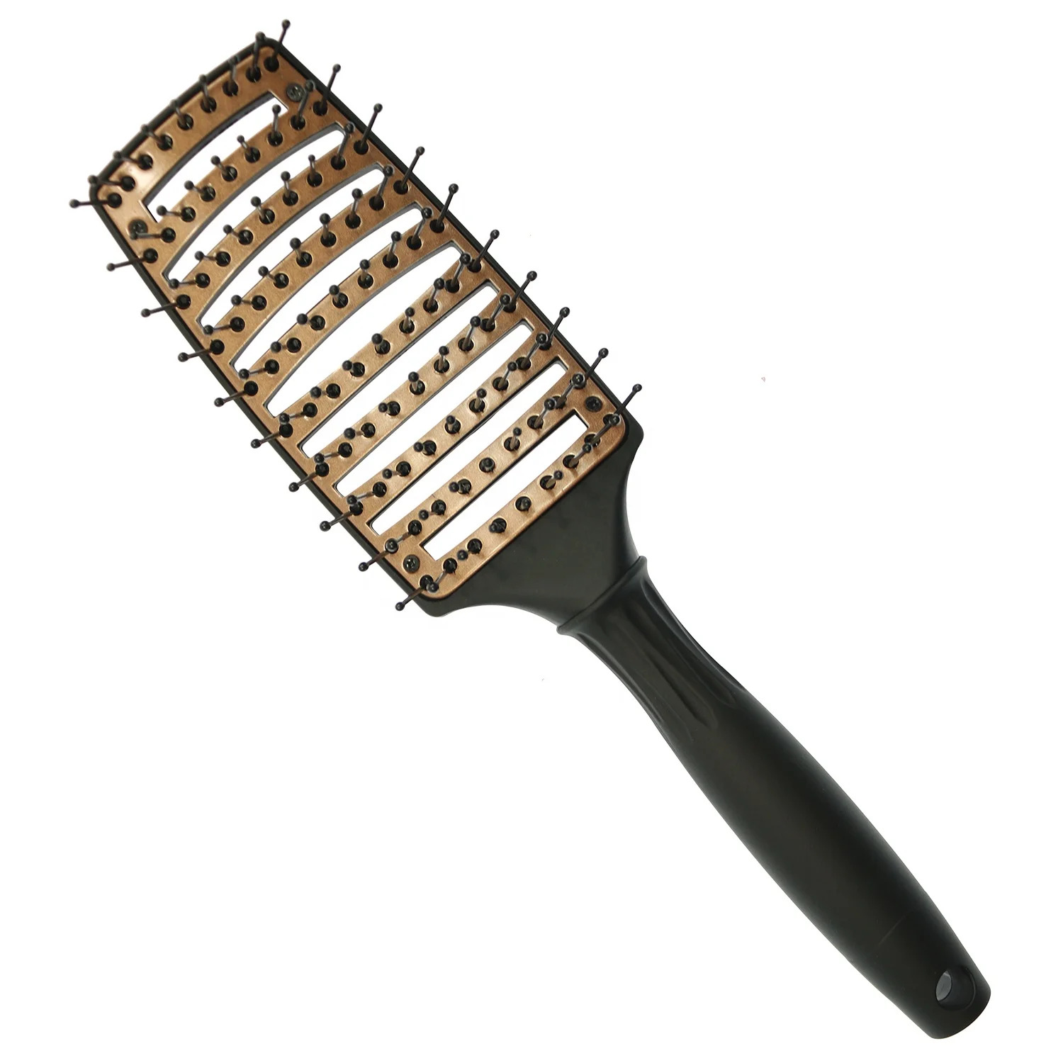 

customized logo aluminum plate curved vented styling hair brush with full-length nylon pins